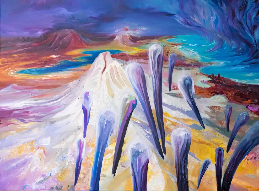 Beyza Gökay, Earth Depression, 2022, Tuval üzerine yağlı boya (Beyza Gökay: mor bir gökyüzünün altında beyaz bir dağ; önünde toprağa saplanmış gibi duran, damla biçimli koyu mavi formlar)