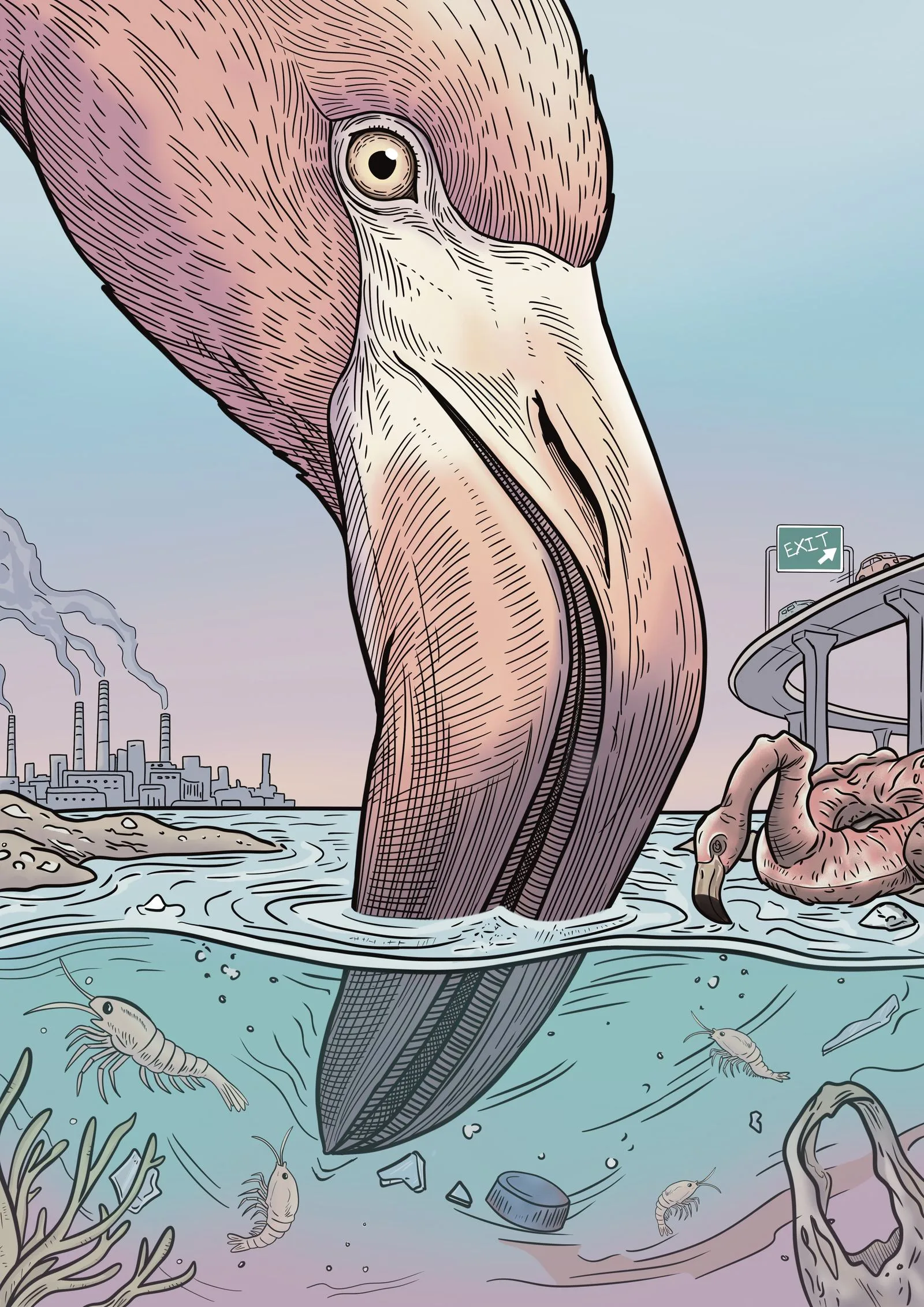 Uğur Karataş, Tek Ayak Üzerinde, 2026, Dijital illüstrasyon (Procreate), A3 baskı (Uğur Karataş: gagasını suya daldırmış bir flamingo izleyicinin gözünün içine bakıyor; arkada fabrika bacaları, otoyol kavşağı ve yerde yatan bir flamingo, suyun altında karidesler ve plastik atıklar)