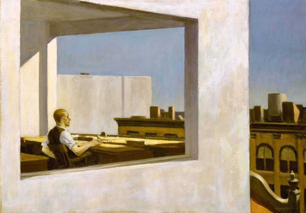Edward Hopper, Office in a Small City (1953): geniş camlı ofiste masasından dışarıya bakan adam