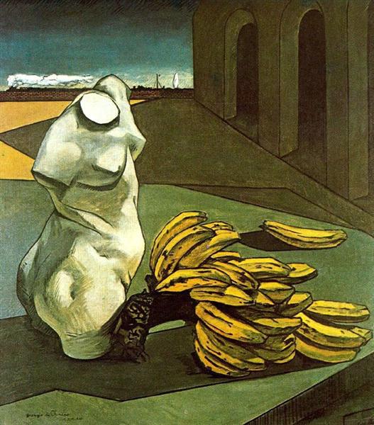 Giorgio de Chirico, The Uncertainty of the Poet (1913): kemerli meydanda gövde heykeli ve muz salkımları