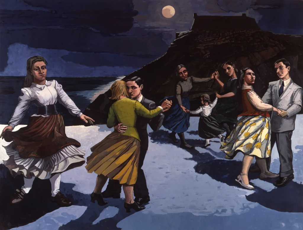 Paula Rego, The Dance (1988): ay ışığında kumsalda el ele ve çift olarak dans eden figürler