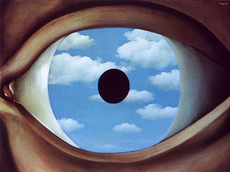 René Magritte, The False Mirror (1929): gözbebeğinde bulutlu gökyüzü görünen dev bir göz