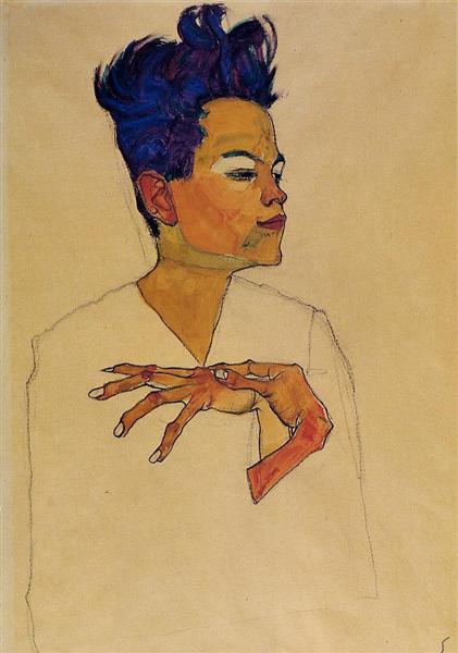 Egon Schiele, Self-Portrait with Hands on Chest (1910): the artist with purple hair, a hand on his chest, looking to the side