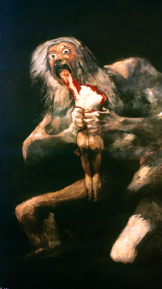 Francisco Goya, Saturn Devouring His Son (1819 to 1823): an old giant biting into his son’s body in the dark