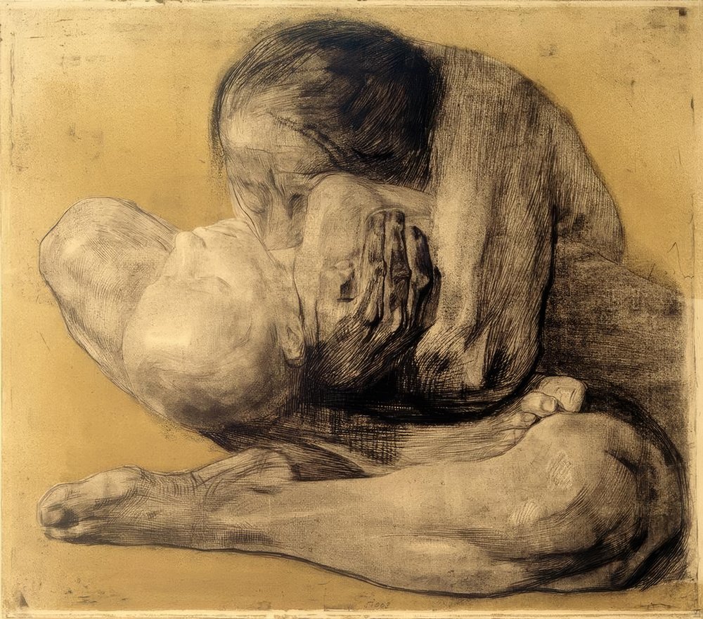 Käthe Kollwitz, Woman with Dead Child (1903): a mother clutching her dead child, her face buried in its body; etching