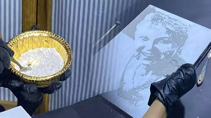 Serap Lokmacı, Portrait from Ashes (2025): gloved hands making a portrait out of ash
