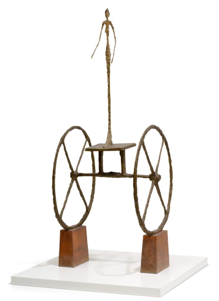 Alberto Giacometti, The Chariot (1950): iki büyük tekerlekli arabanın üstünde ince uzun bronz figür