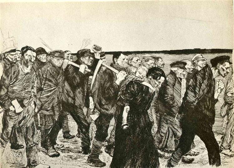 Käthe Kollwitz, The Weavers’ Revolt (1897): balta ve sopalarla yürüyen dokumacı kalabalığı; gravür