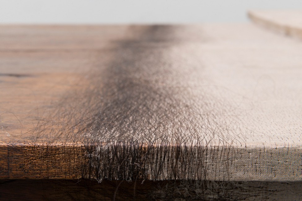 Doris Salcedo, Unland: The Orphan’s Tunic (1997): iki ahşap masanın birleştiği yerde dokunmuş insan saçı