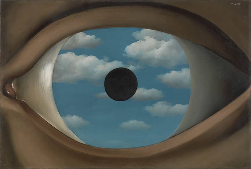 René Magritte, The False Mirror (Sahte Ayna): gözbebeğinde bulutlu gökyüzü görünen dev bir göz