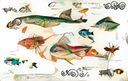 A digital illustration by Sofia Crespo, made with artificial intelligence, showing fantastical species of fish and insects that do not exist in nature.