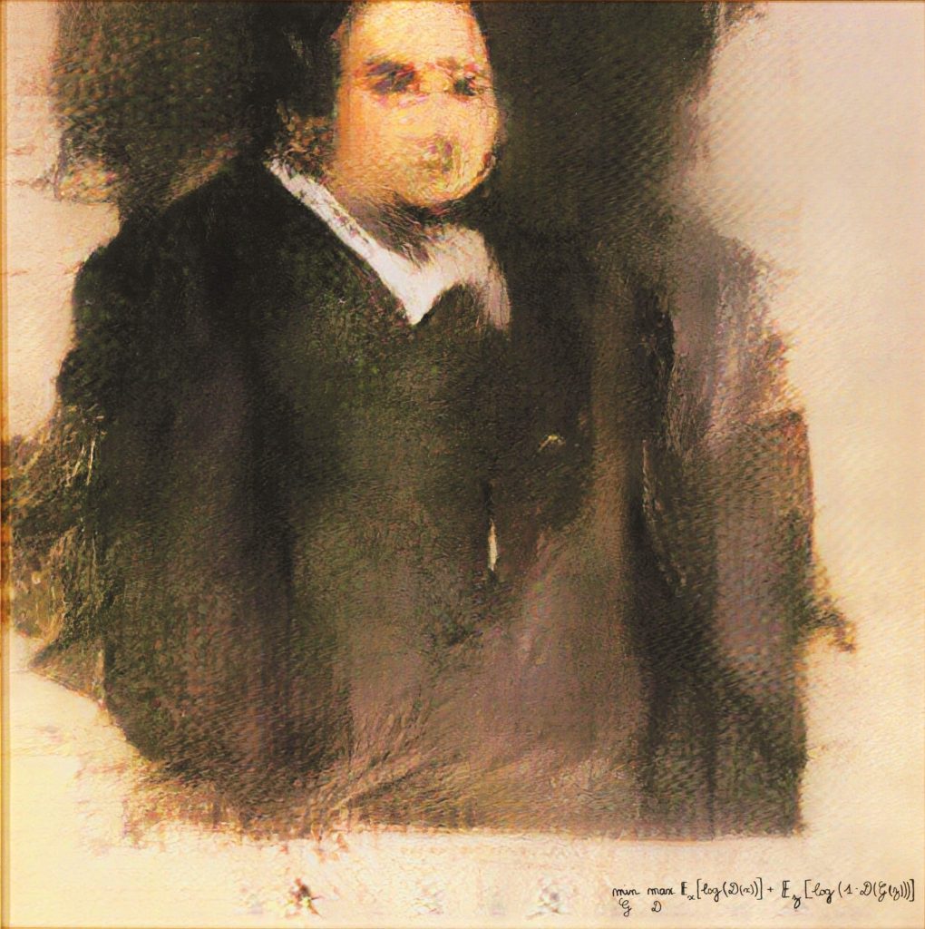A portrait generated by a GAN algorithm, resembling an eighteenth-century oil painting, of a man in black with a blurred face. In the lower right corner a mathematical formula replaces the artist’s signature.