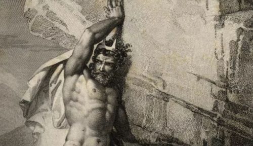 Sisyphus dev bir kayayı kaslı vücuduyla yokuş yukarı taşırken, Hendrick Goltzius 1588 barok gravür çalışması.