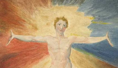 Kollarını iki yana açmış, etrafına ışık saçan çıplak erkek figürü, William Blake 1794 renkli gravür çalışması.